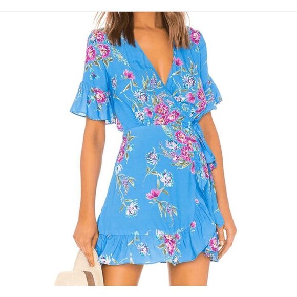 Privacy Please May Mini Wrap Dress Blue Floral Revolve Ruffles Side Tie Size XXS - Picture 1 of 12